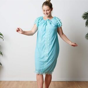 NWT 70s Vintage Blue Ruffle Lace Nightgown M  